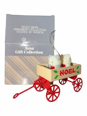 Avon Noel Teddy Wagon Ornament - Red, Cream, Green